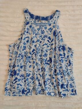 Joie 100% Linen Tank Women XL Blue White Floral Lightweight Sleeveless Resort